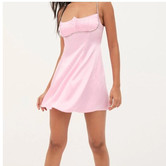 NEW FOR LOVE AND LEMONS ELORA PINK SATIN MINI DRESS SIZE M - Picture 1 of 12